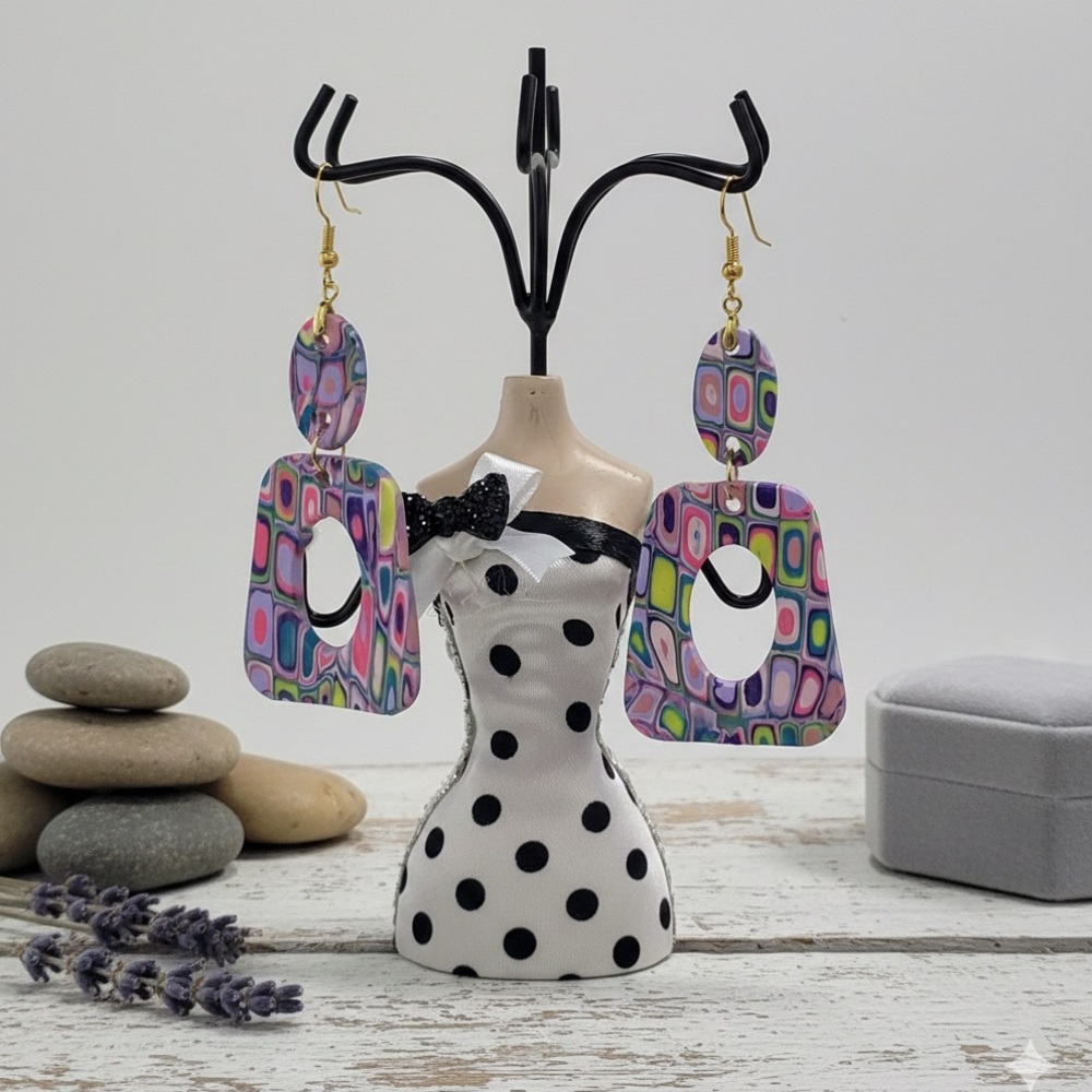 Handmade Geometric Dangle Earrings –Bold, Artsy, Handmade Polymer Clay Host Pick - Picture 12 of 15